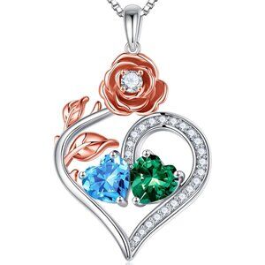 Sterling Silver Double Heart Birthstone Necklace with Rose Flower Design for Wom